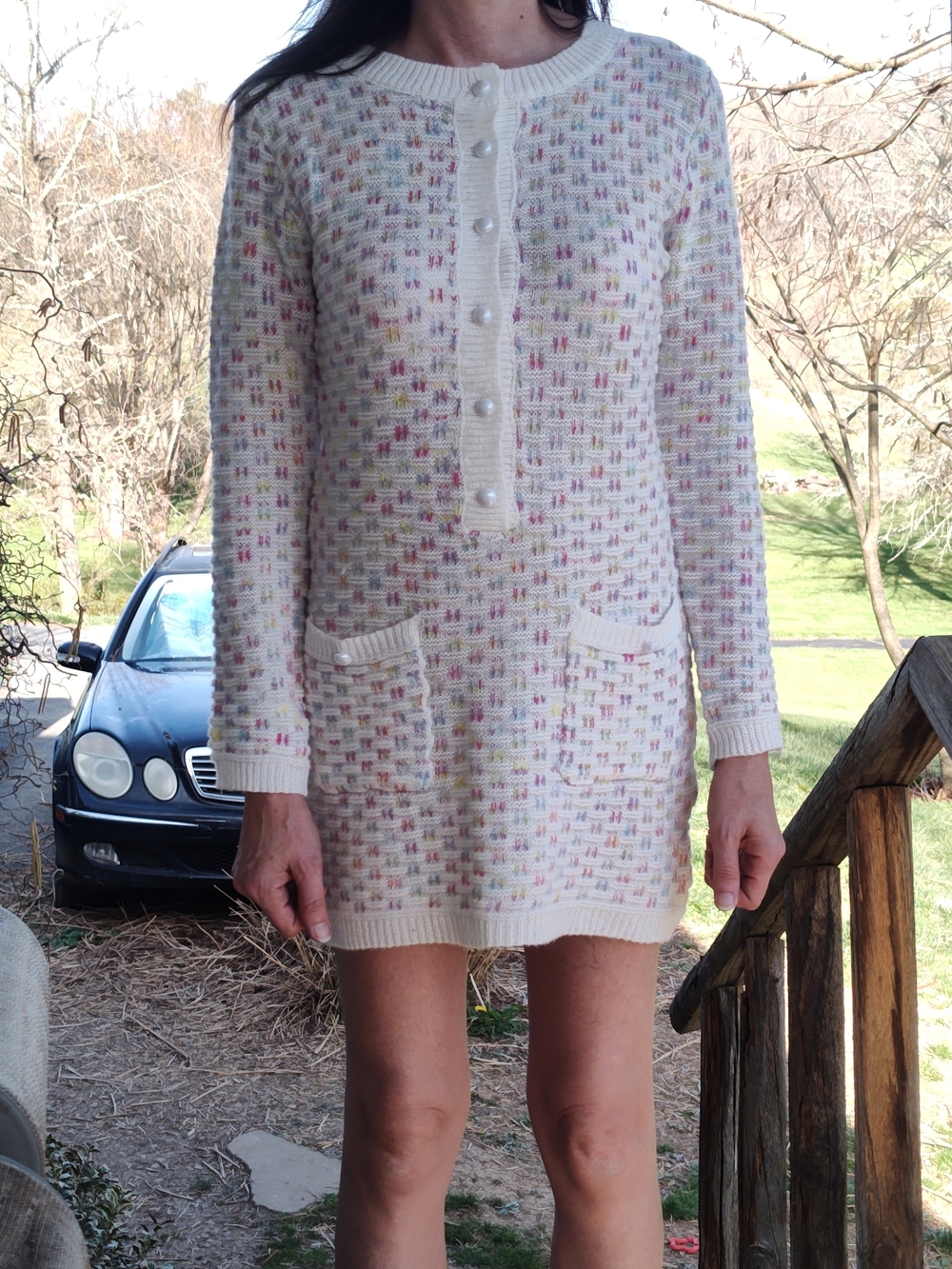 Women's Cream Multicolor Rainbow Knit Button-Front Pocket Sweater Dress